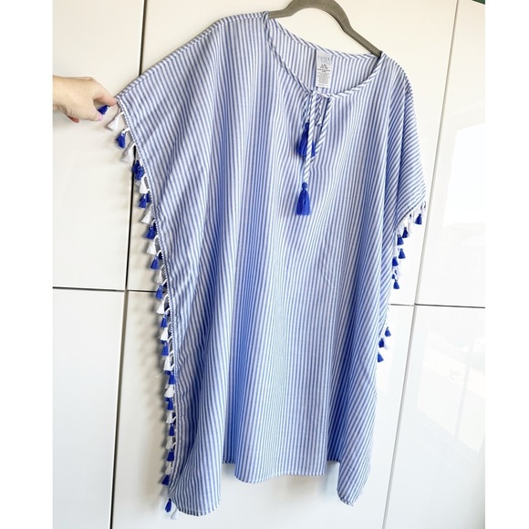 Time and Tru Swim Coverup Kimono Blue White Stripe Tassels Swim Resortwear Large - Picture 5 of 10
